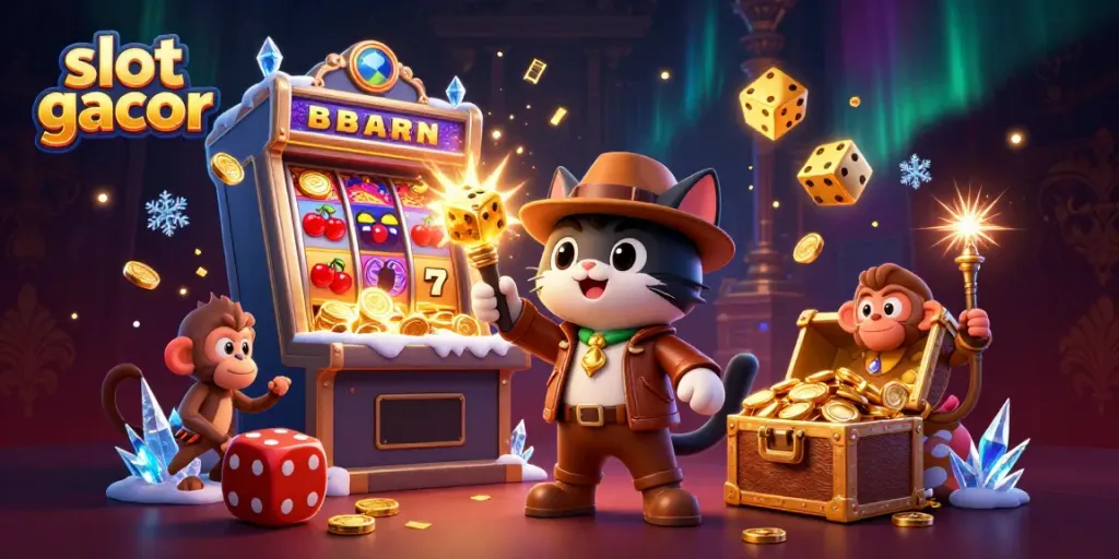 Slot gacor: gambar komik 3D kucing arkeolog menjelajahi pemandangan kasino yang berkilau.