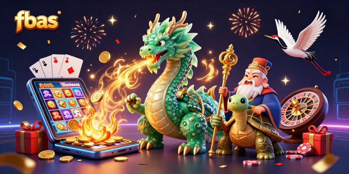Engage with fbas's vibrant 3D casino scene showcasing dragon, sage, and lucky cranes amidst slot games.