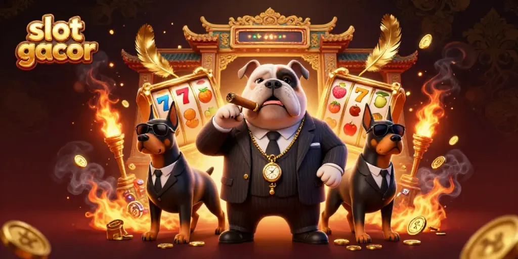 Experience thrilling slot gacor action with a mafia boss bulldog and guard Dobermans in a vibrant casino scene.