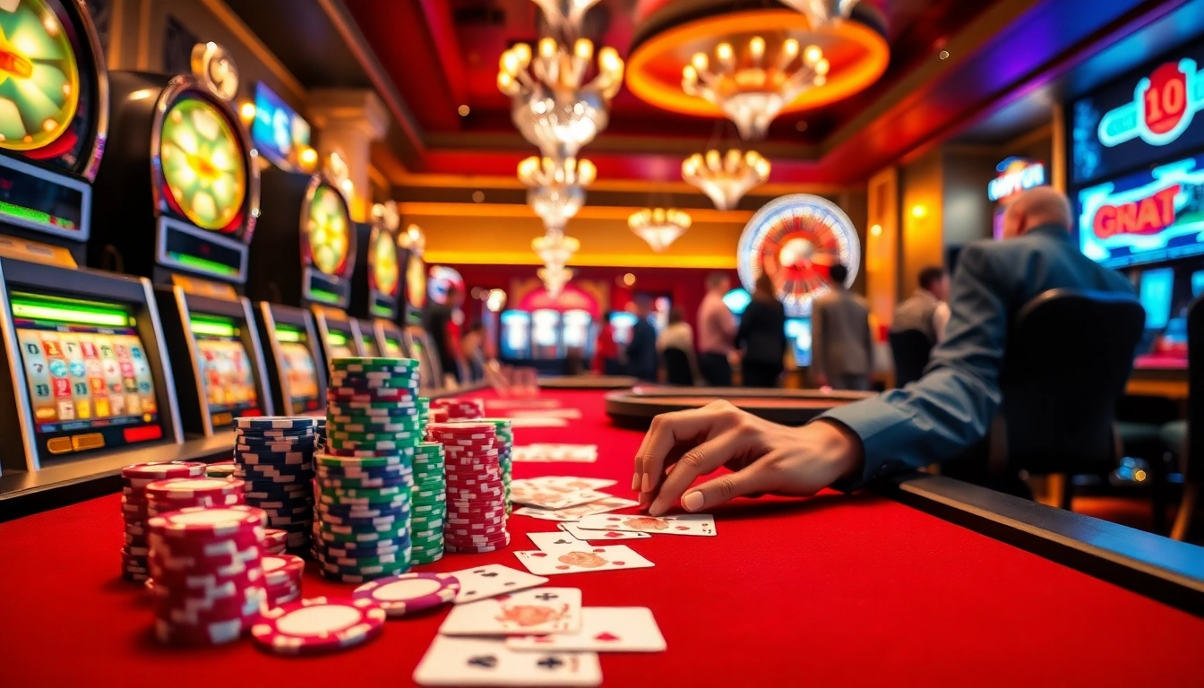 Experience the thrill of i9bet with poker cards and colorful chips in a luxurious casino setting.