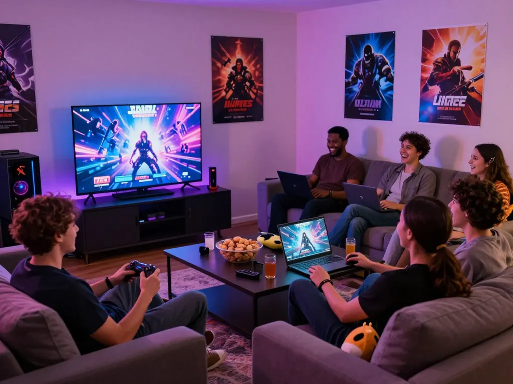 Group of friends enjoying an adult game together in a cozy living room