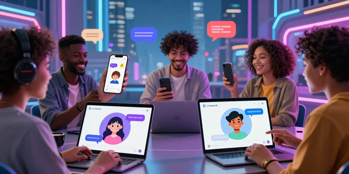 Users interacting with CrushonAI on devices, showcasing AI characters and vibrant urban setting.
