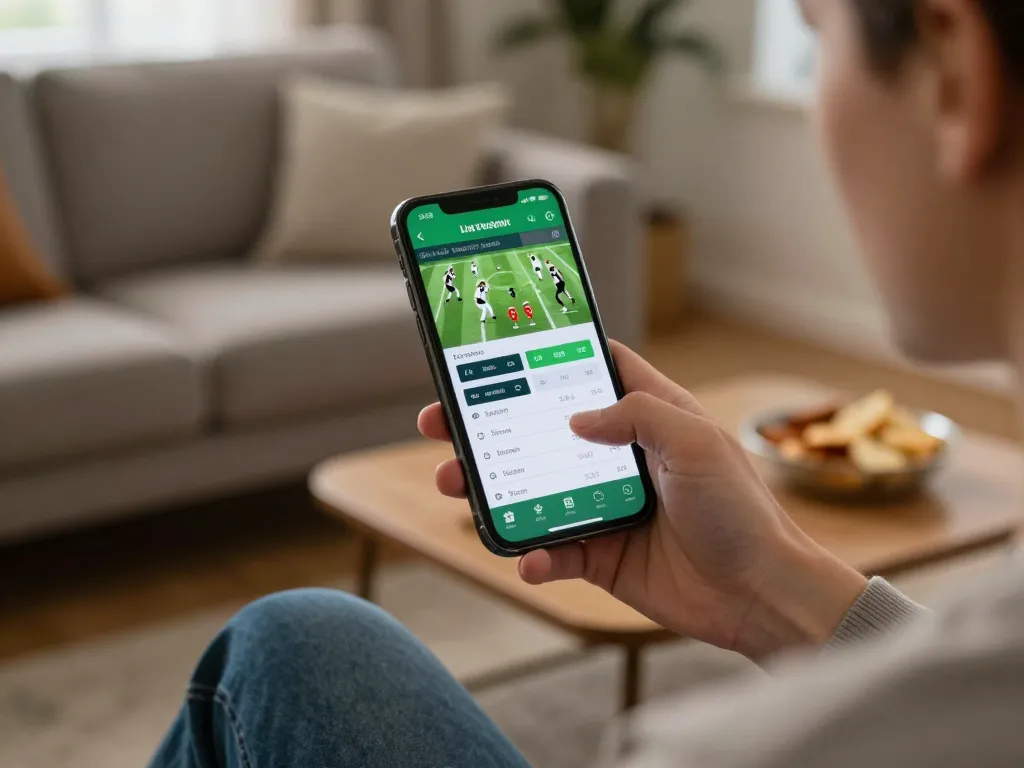 Kèo bóng đá hôm nay shown on smartphone while person engages with sports betting app at home, indicating strategic betting.