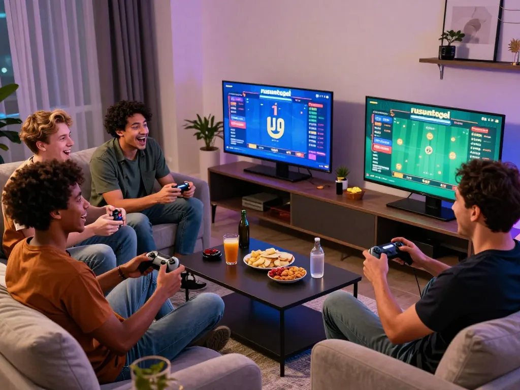 Group enjoying rusuntogel online gaming session in a lively living room