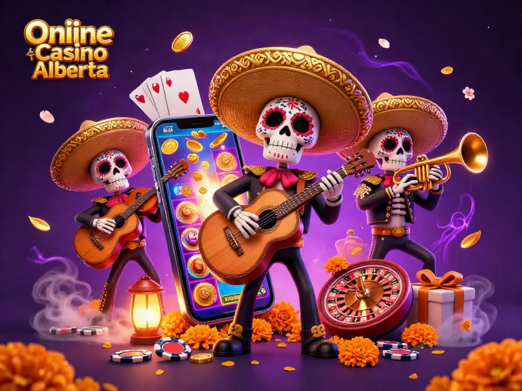 Engage with the vibrant Online Casino Alberta scene featuring a mariachi band amidst colorful casino elements.