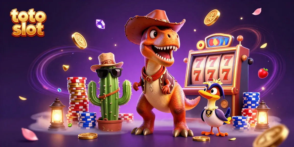 Engaging cartoon scene showcasing the toto slot theme with a T-Rex, a cactus, and a roadrunner among vibrant casino elements.