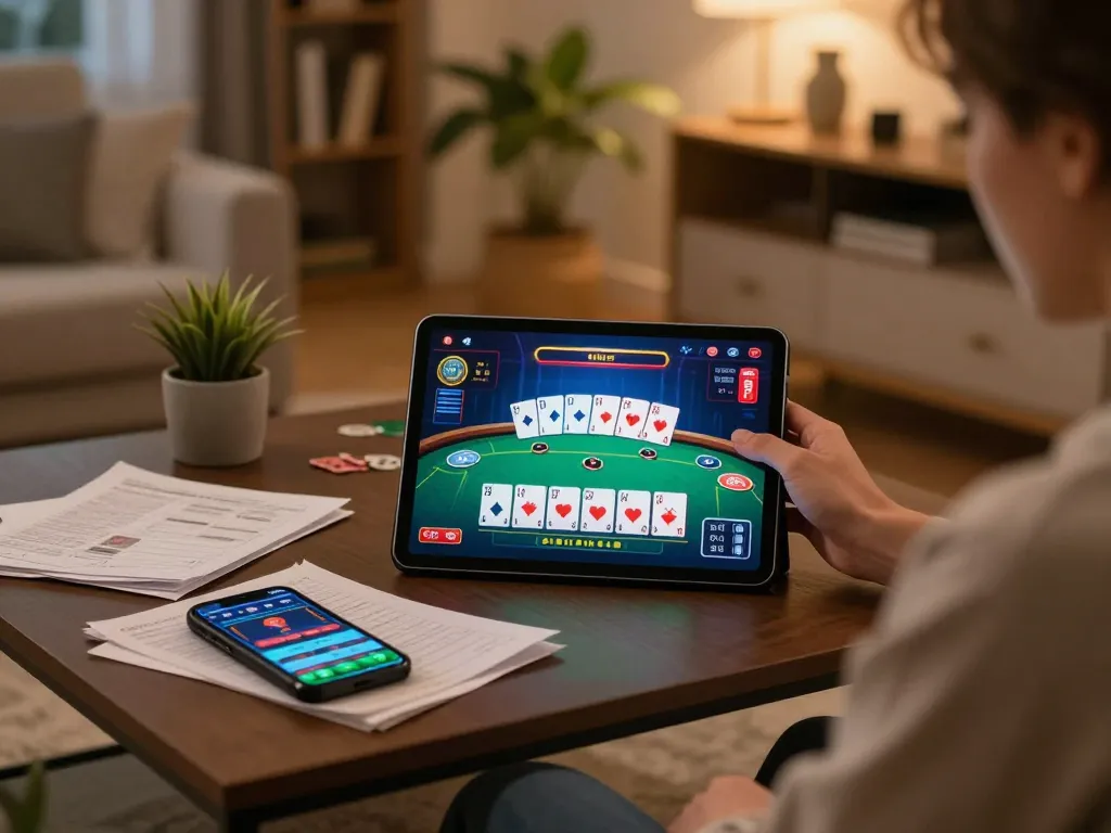 Engaging with Nhà cái kk55's online casino poker game on tablet in a cozy home setting.