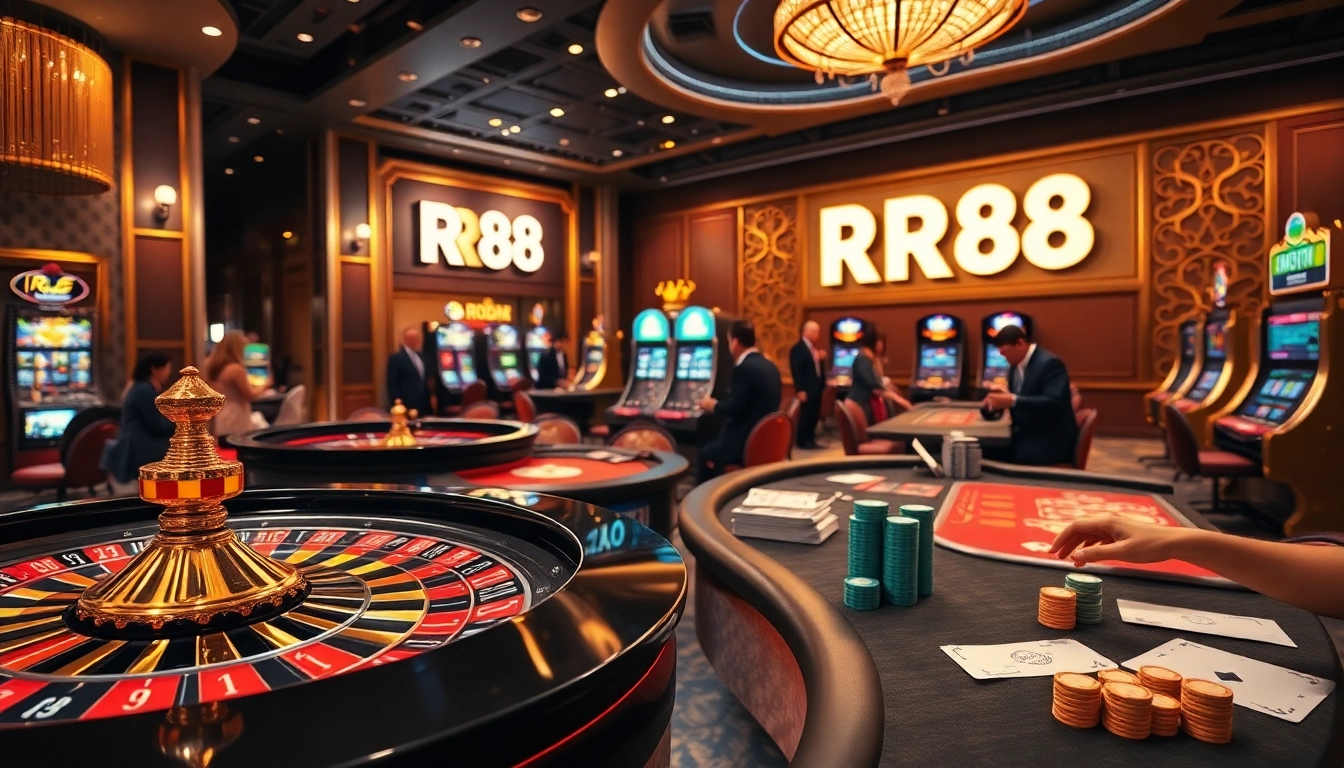 Engaging RR88 Auction scene showcasing players at roulette and poker tables, glimmering chips.
