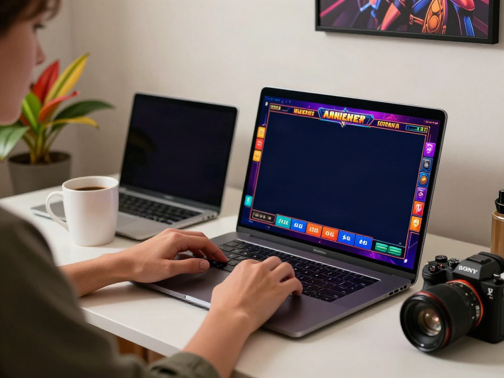 A person playing akunjp online gambling at a stylish desk with interactive screen elements and warm lighting.
