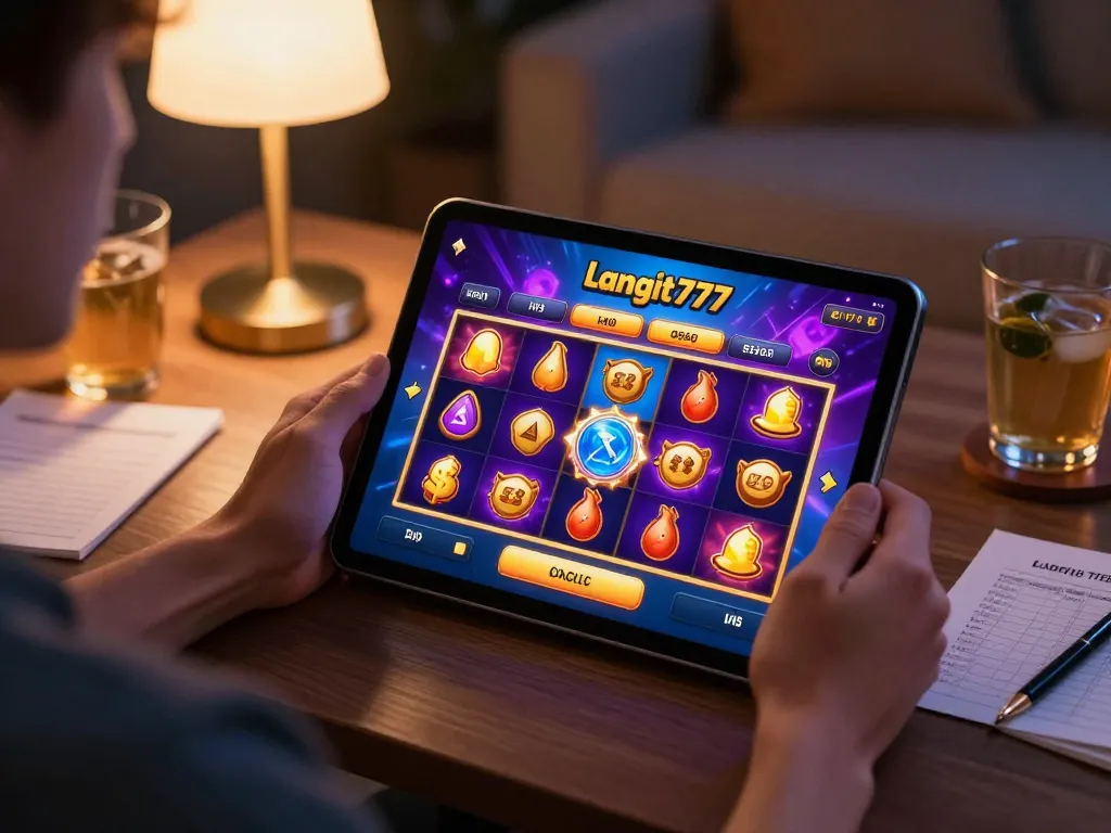 Engaging with langit777 casino app showcasing vibrant slot game on tablet.