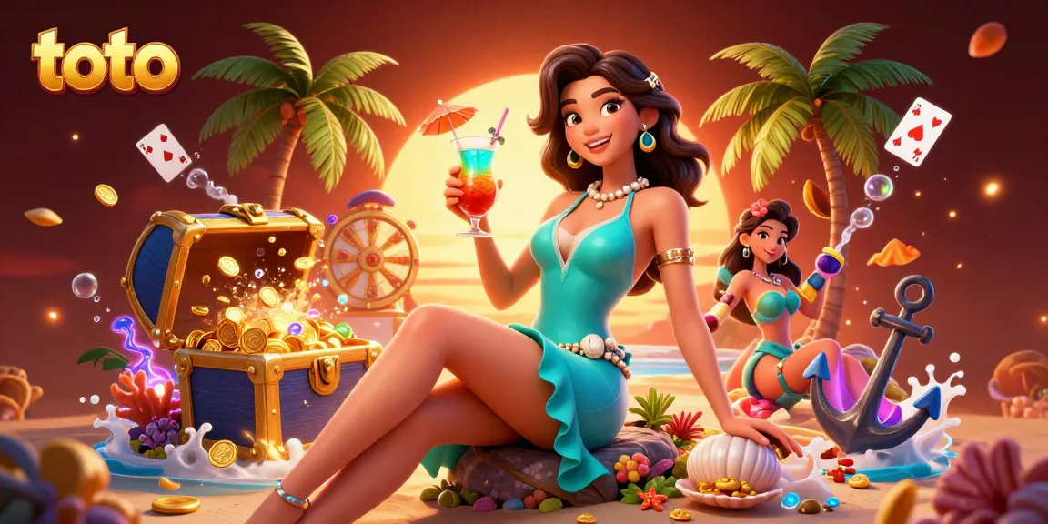 Win big with toto at a vibrant beach casino scene featuring a glamorous cocktail and golden treasures.