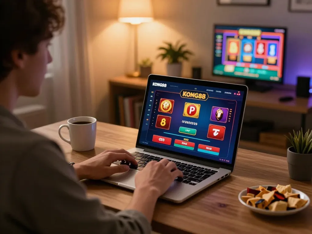 KONG88 player enjoying an engaging online casino game with laptop at home.