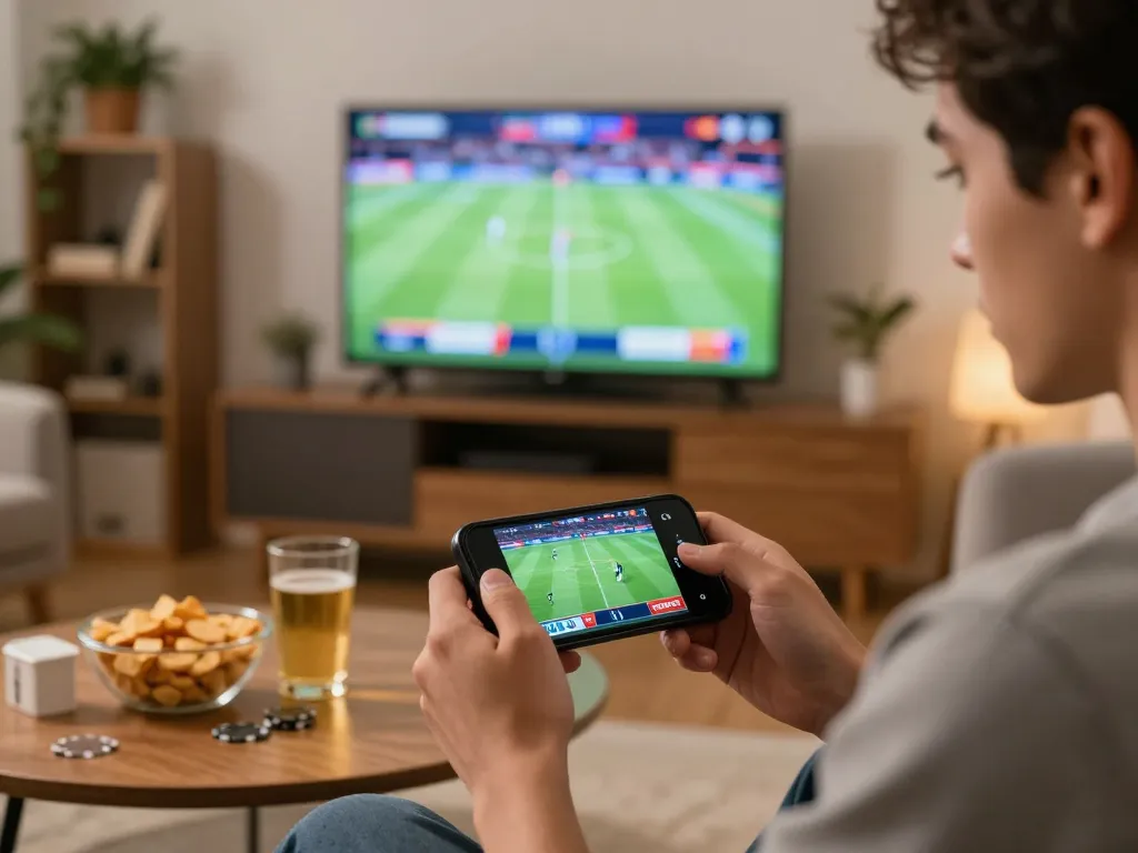 Player using digitalgamesprices for live betting on smartphone during a sports game.