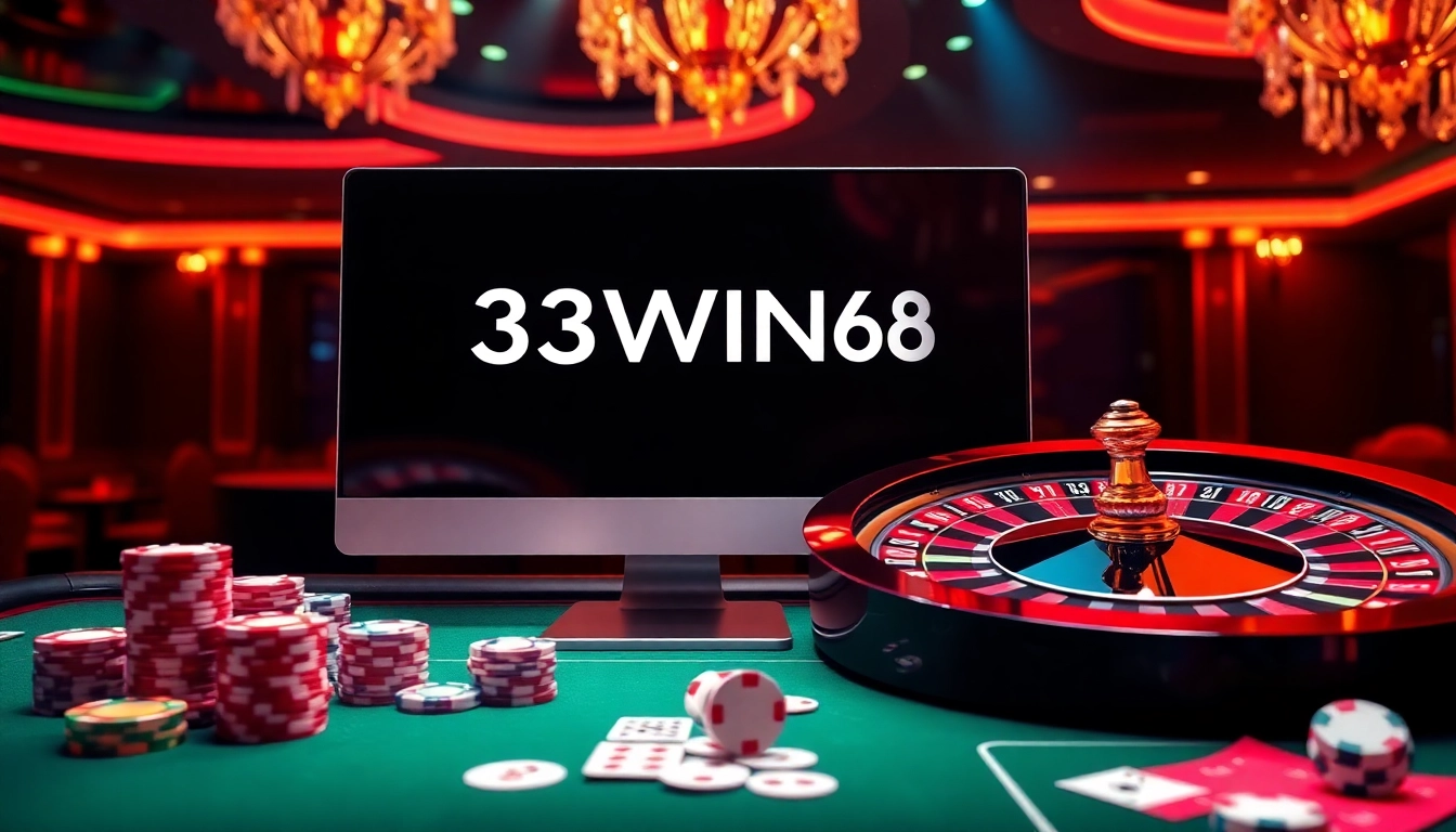 Experience the excitement of 33WIN68 online casino with vibrant chips, a roulette wheel, and thrilling gaming elements.