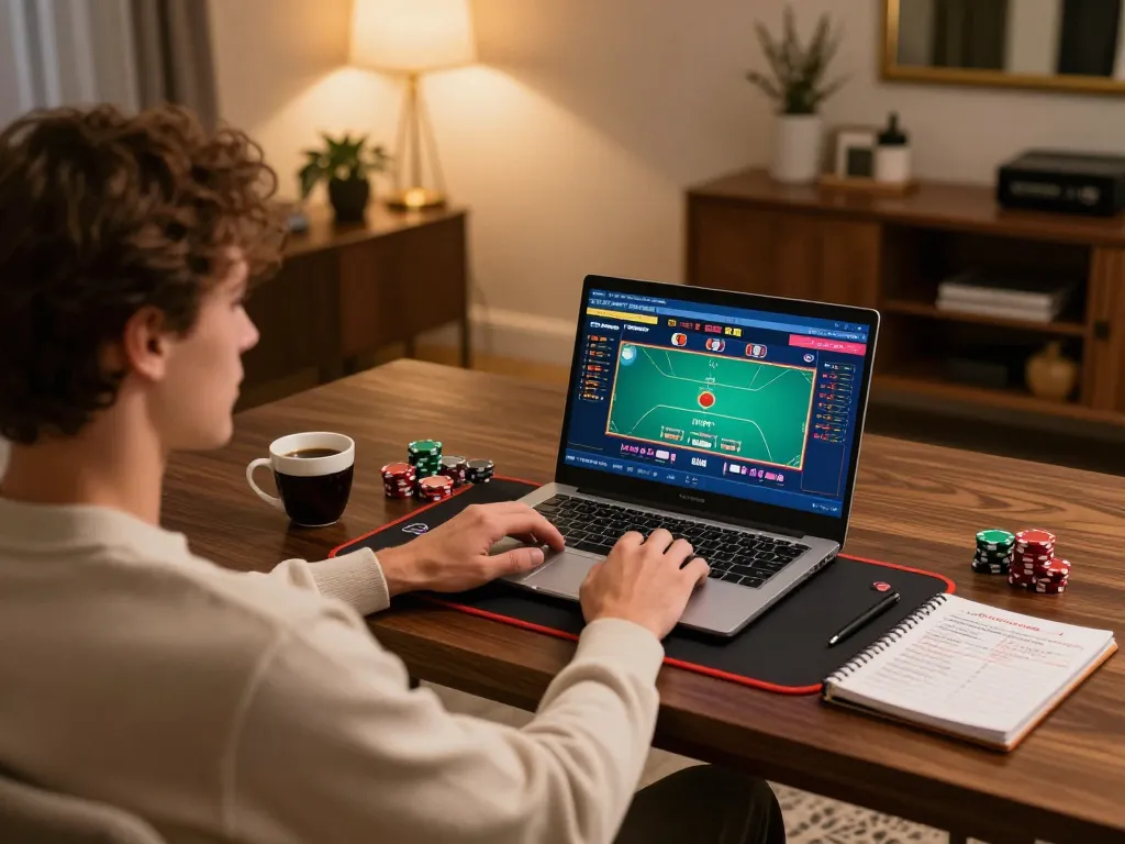 Player engages in lsa poker game on laptop, showcasing strategic gameplay in a cozy setting.