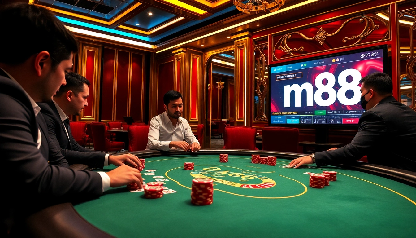M88 poker players strategizing in a luxurious casino setting.
