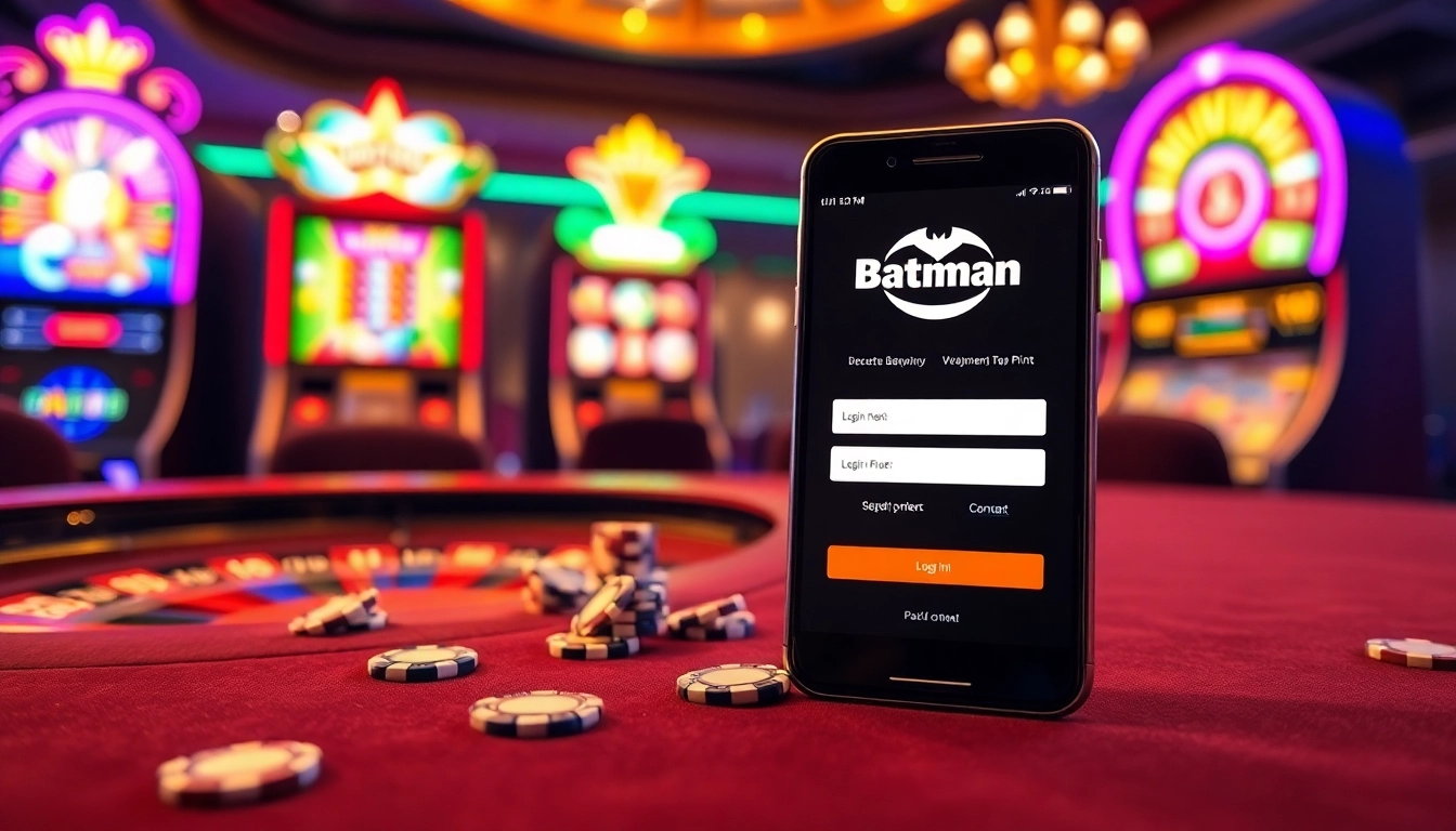 batman138 login interface showcased on a smartphone amidst a vibrant casino scene with slot machines and roulette wheel.