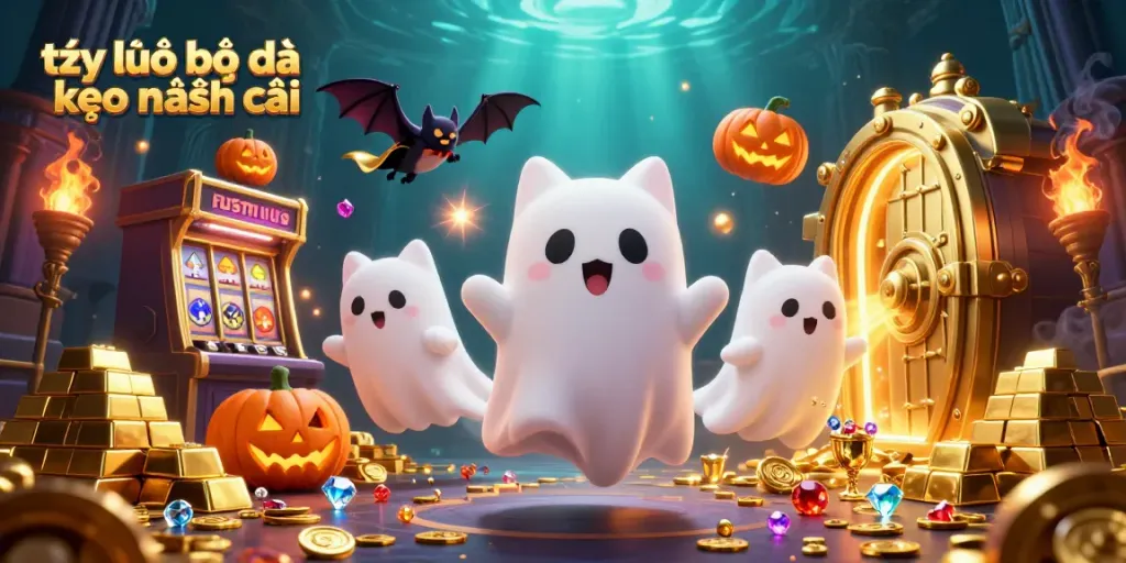 Explore the dynamic scene of tỷ lệ bóng đá kèo nhà cái with a playful ghost cat and charming vampire bat amid a vibrant casino.