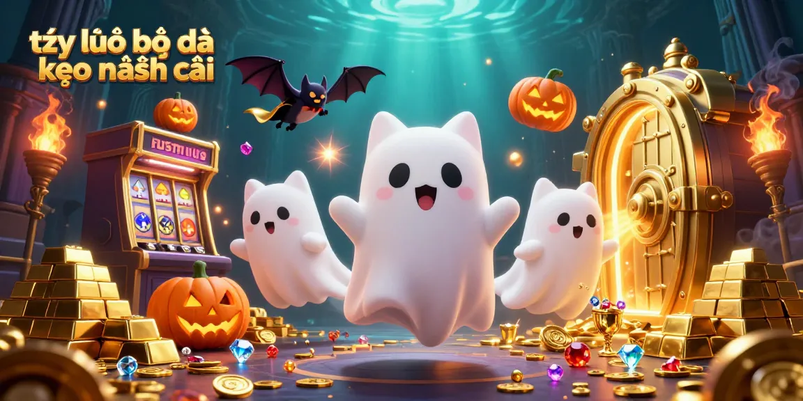 Explore the dynamic scene of tỷ lệ bóng đá kèo nhà cái with a playful ghost cat and charming vampire bat amid a vibrant casino.