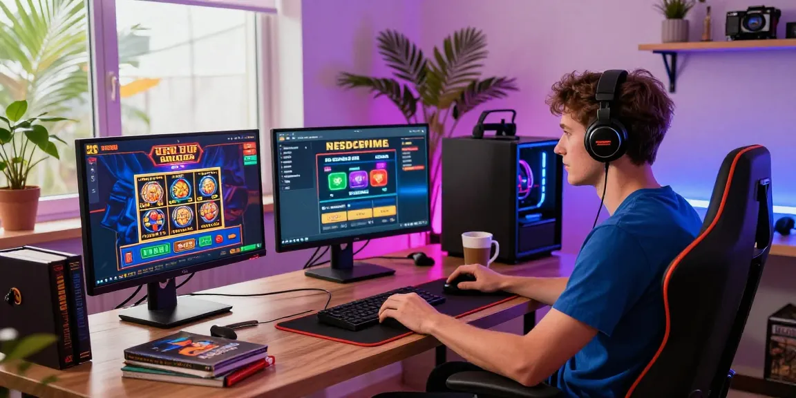 Engaging with non UK registered casinos in a modern home office setup with vibrant gaming displays.