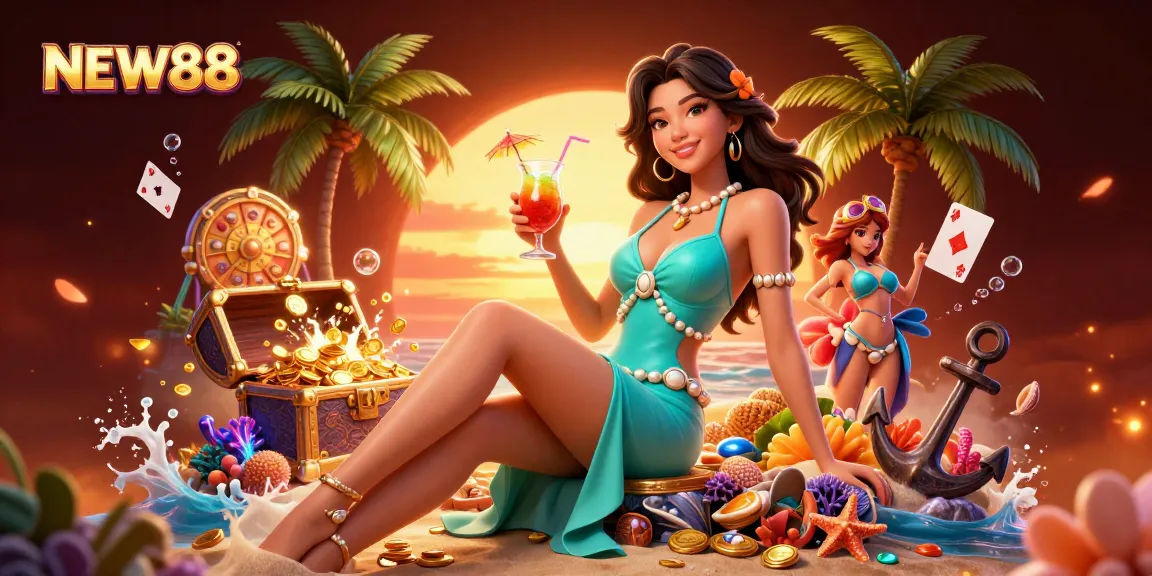 Experience vibrant online fun with NEW88, featuring exciting casino games in an enchanting beach setting.