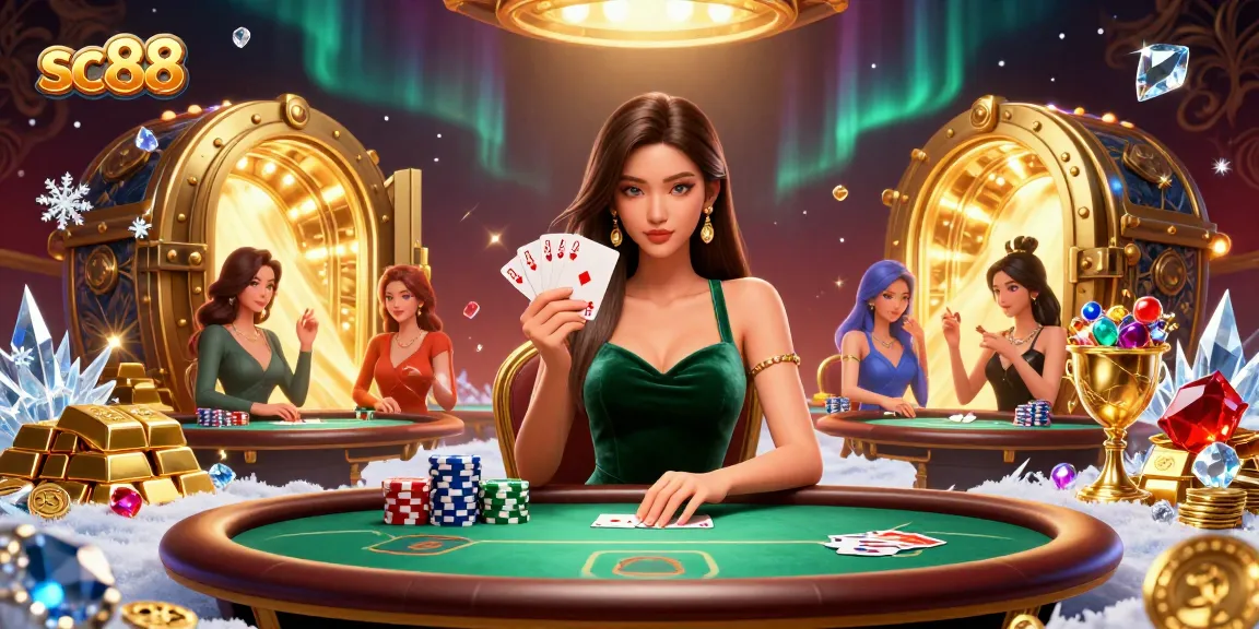 Experience the thrill of sc88 gaming with a skilled player at the poker table surrounded by treasures.