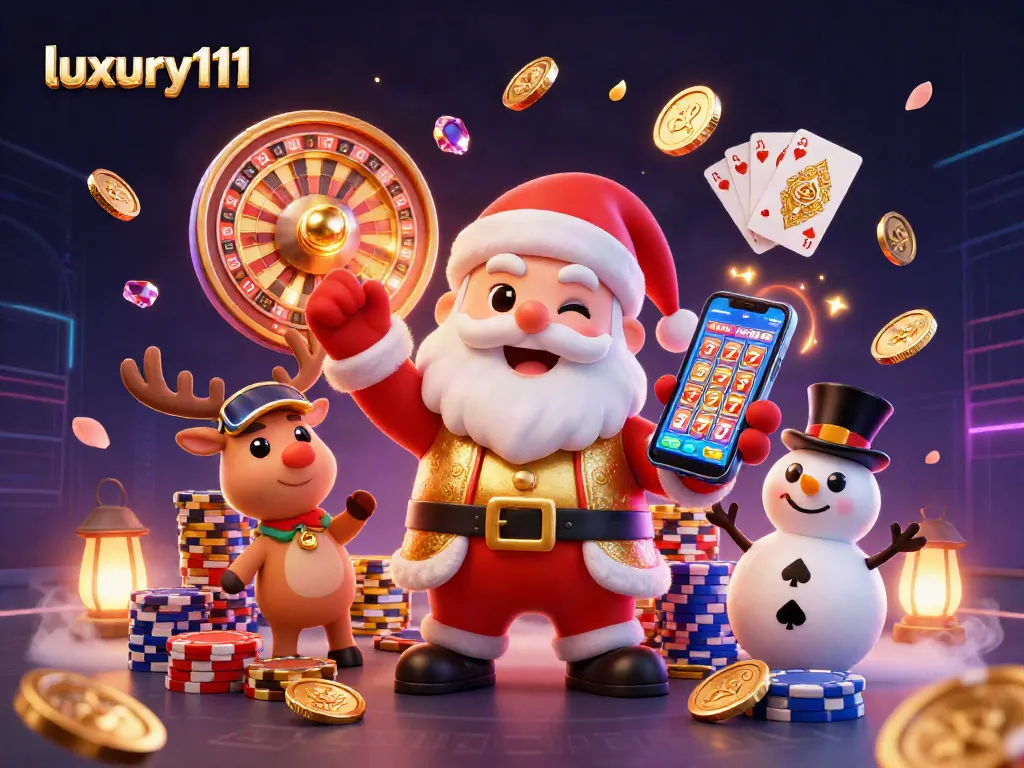 Engage with luxury111's festive casino excitement featuring Santa and friends celebrating jackpot wins.