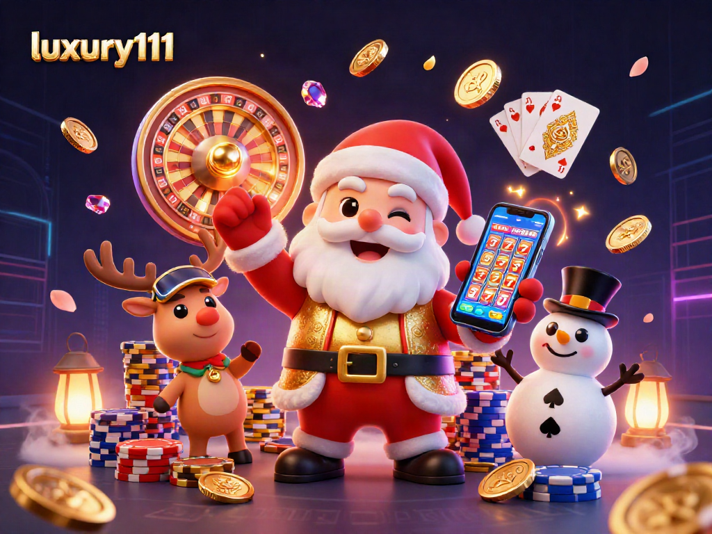 Engage with luxury111's festive casino excitement featuring Santa and friends celebrating jackpot wins.
