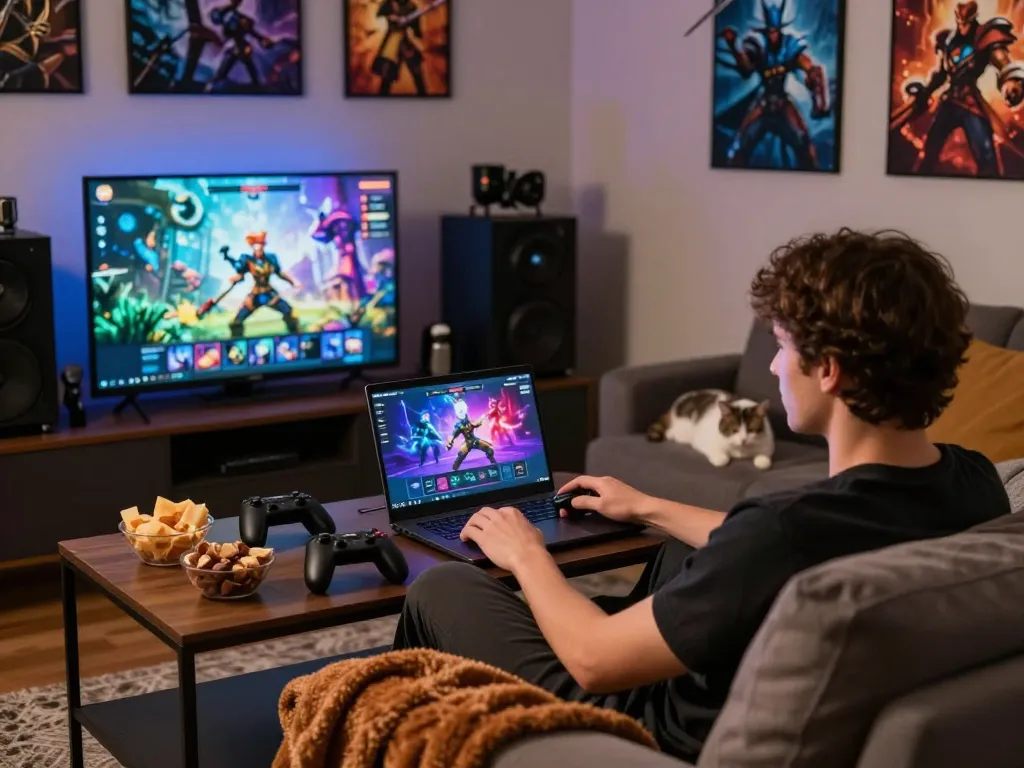 Enjoying engaging porngames on a laptop with cozy atmosphere.