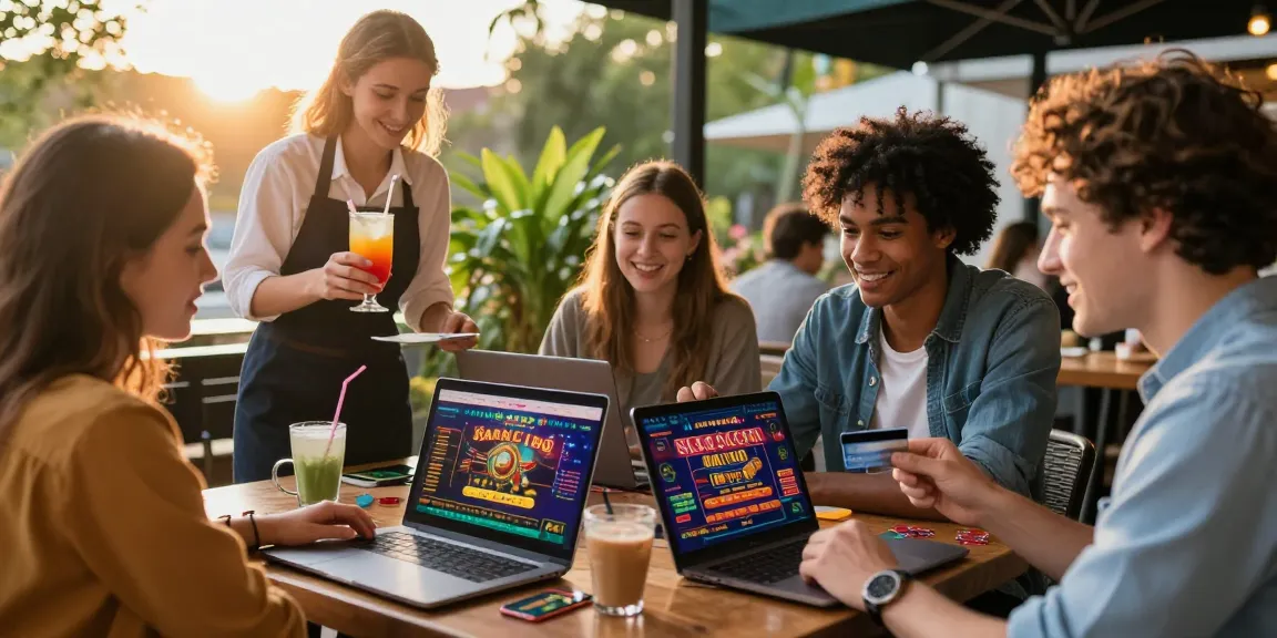Group exploring credit card casinos online at a coffee shop, showcasing excitement and vibrant atmosphere for https://dentalgroups.co.uk