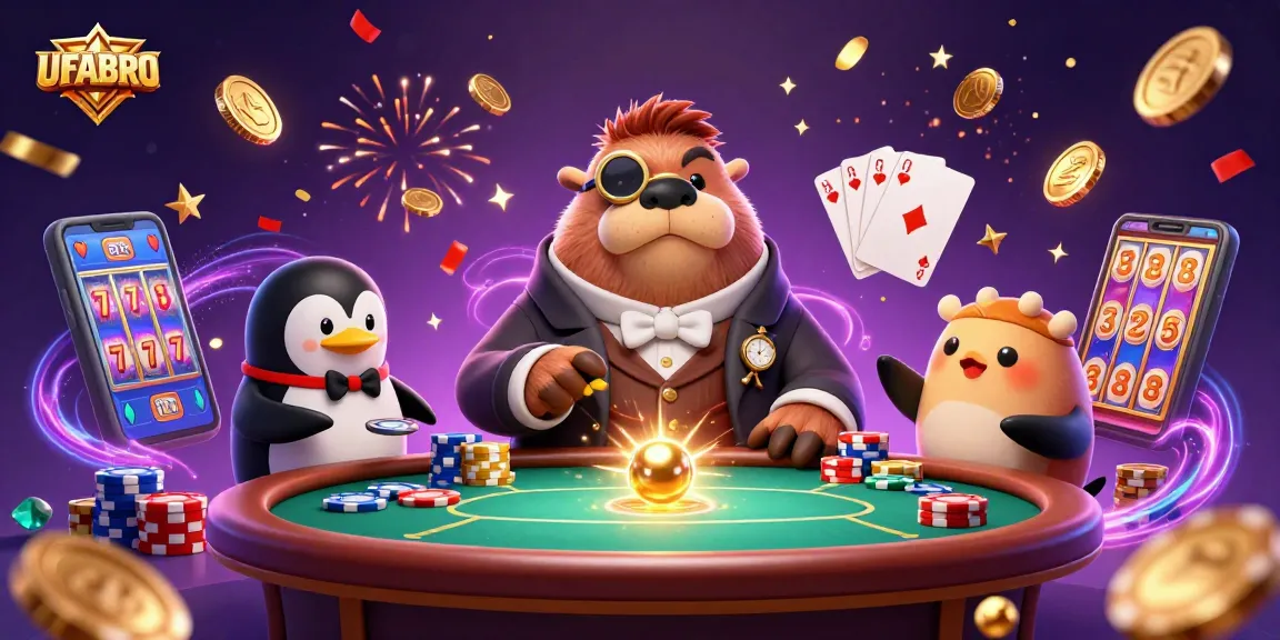 Experience thrilling gameplay at UFABRO with a jolly walrus, penguin dealer, and pufferfish amidst vibrant casino elements.