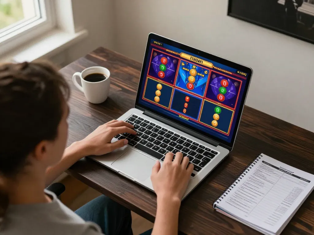 Pemain terlibat dengan permainan slot di laptop, menampilkan pengalaman perjudian online yang hidup
