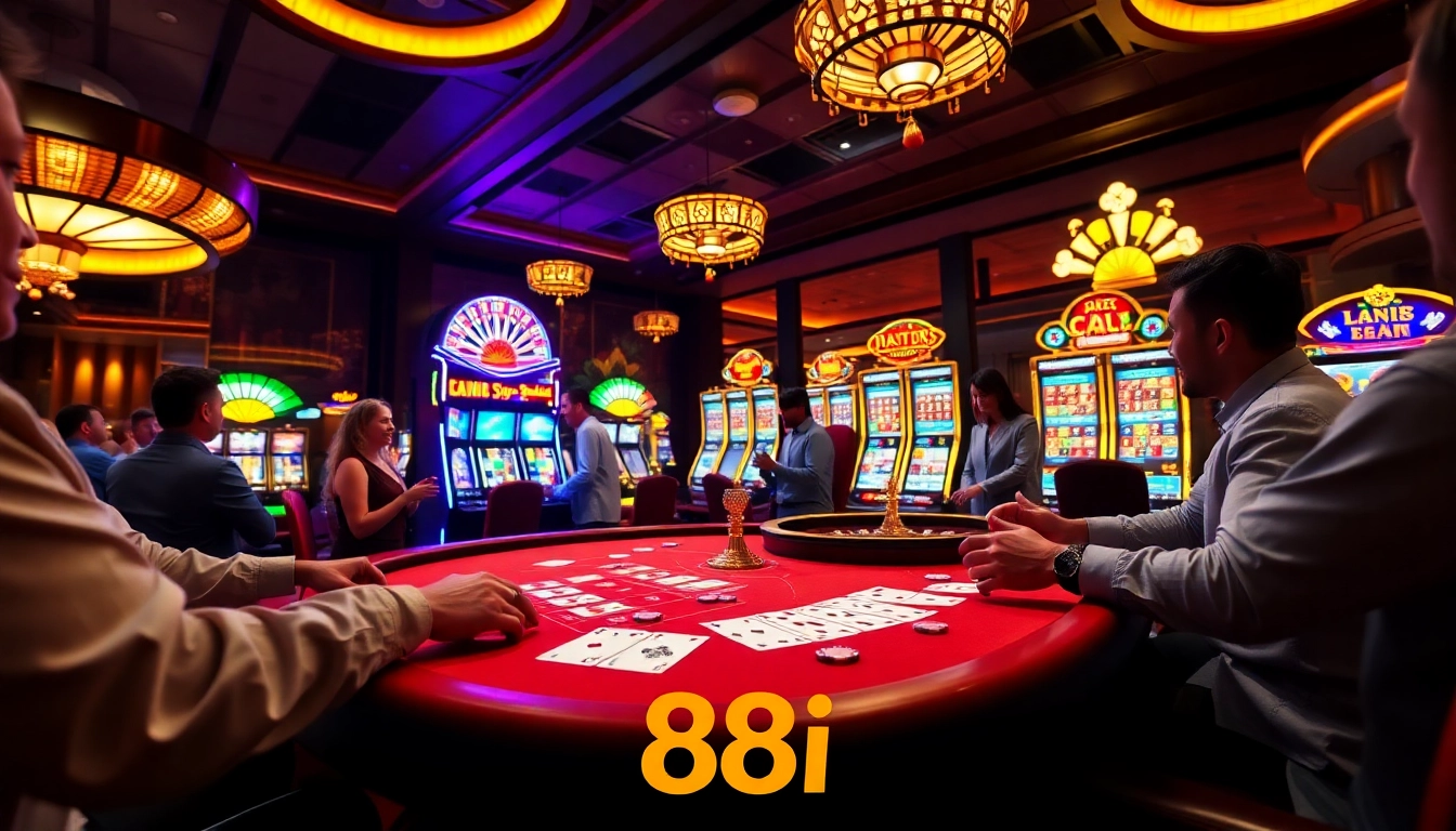 Engaged players enjoying 88i casino games at vibrant tables with roulette and cards.