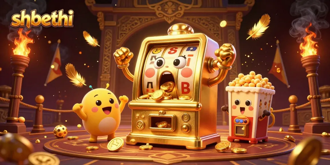 Spin and win at shbethi with joyful slot machines celebrating jackpot wins amidst gold tokens and playful elements.