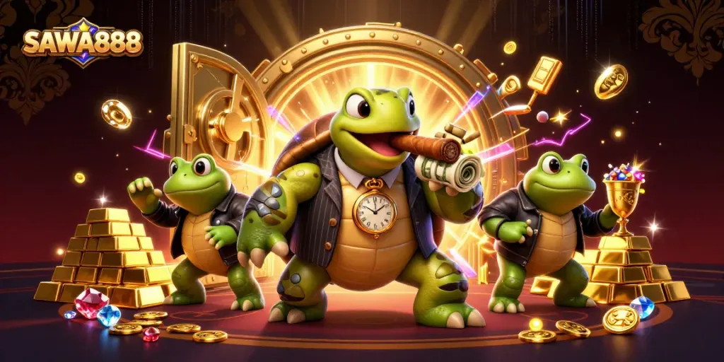 Engage with the vibrant SAWA888 gaming scene featuring a snapping turtle and gambling elements.