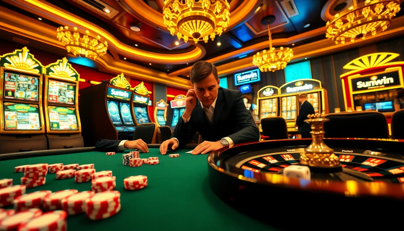 Exciting scene of players enjoying sunwin casino games at a luxurious table, showcasing chips and roulette.
