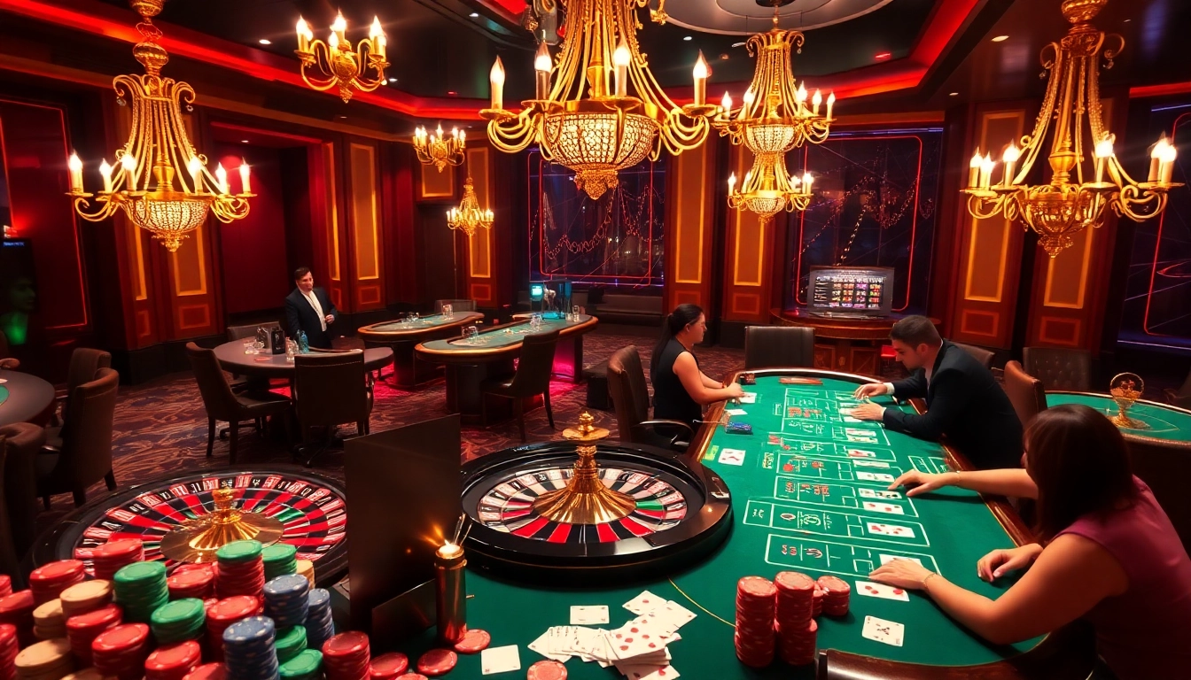 Experience excitement at https://hitclub1.cn.com/ with a vibrant casino scene featuring roulette and poker.