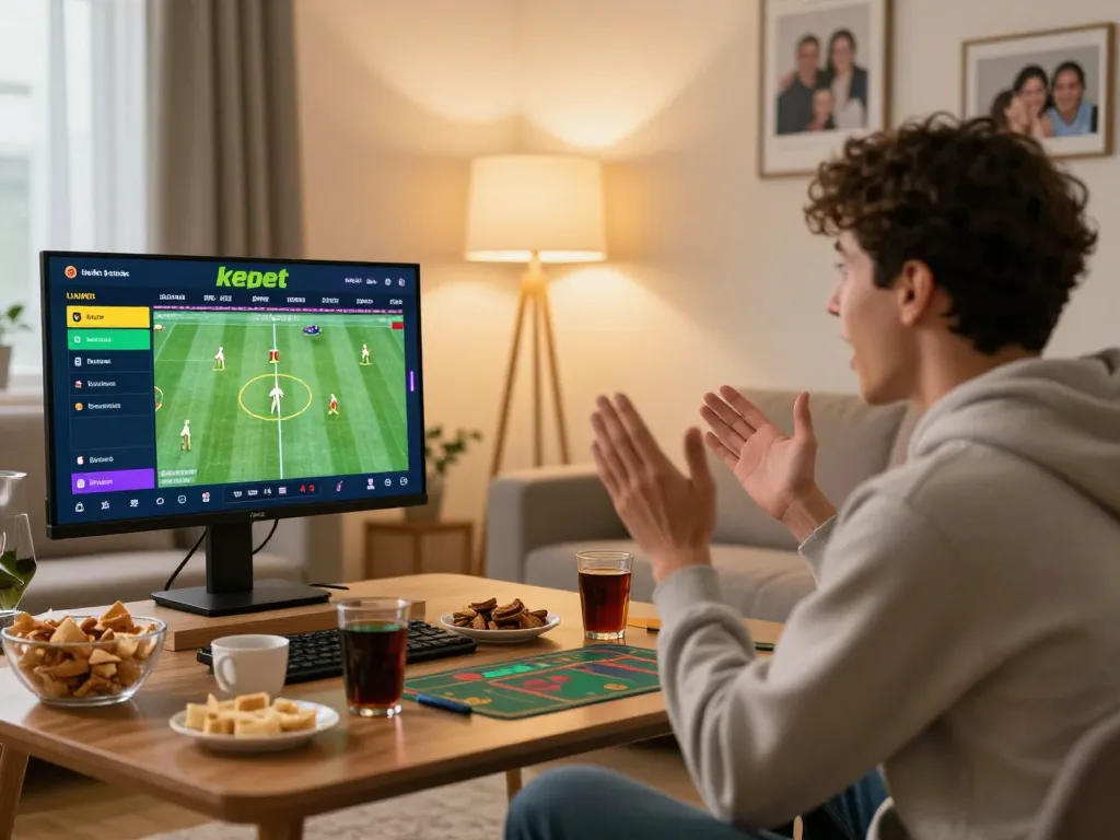 Kebet casino sports betting app in use, showcasing a player’s excitement in a cozy setting.