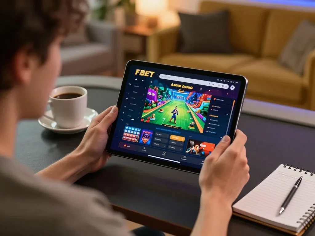 Engaging player using F8BET's online gaming platform at home, promoting responsible gambling