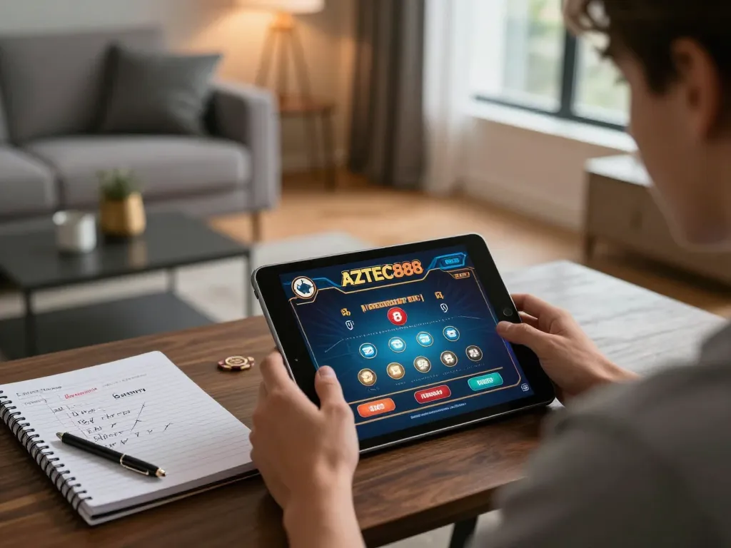 AZTEC888 online gameplay on tablet in a cozy home setting with strategic notes nearby.