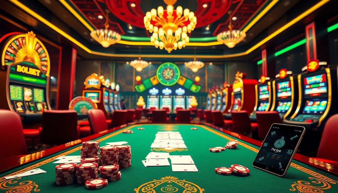 Exciting casino scene depicting ku bet with poker chips, cards, and a roulette wheel under warm lighting.