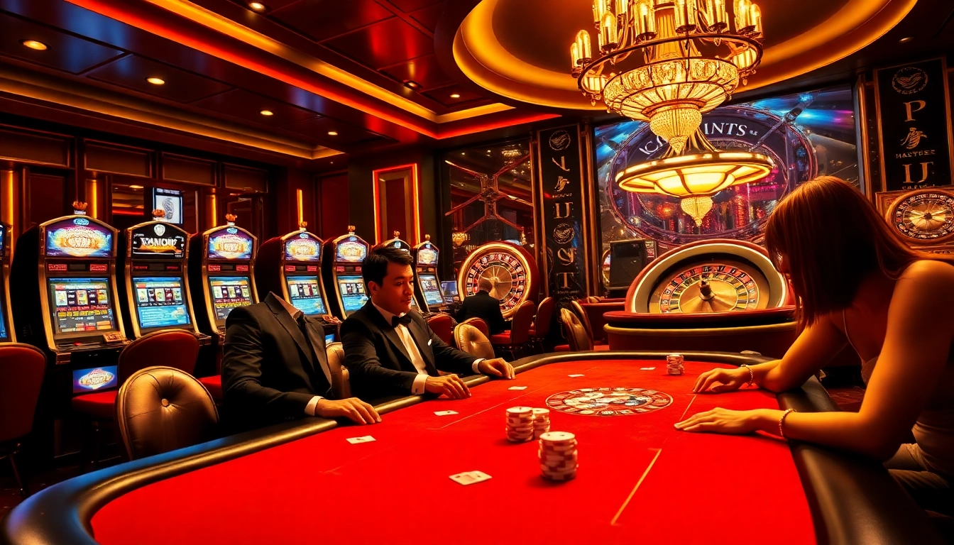 Exciting go88 casino scene with poker table, slot machines, and lively atmosphere.