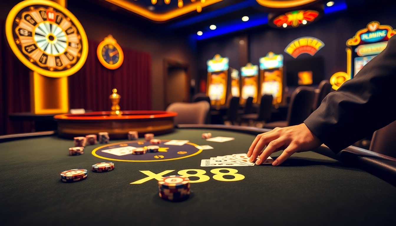 Experience thrilling poker action at the luxurious X88 casino with vibrant chips and cards.