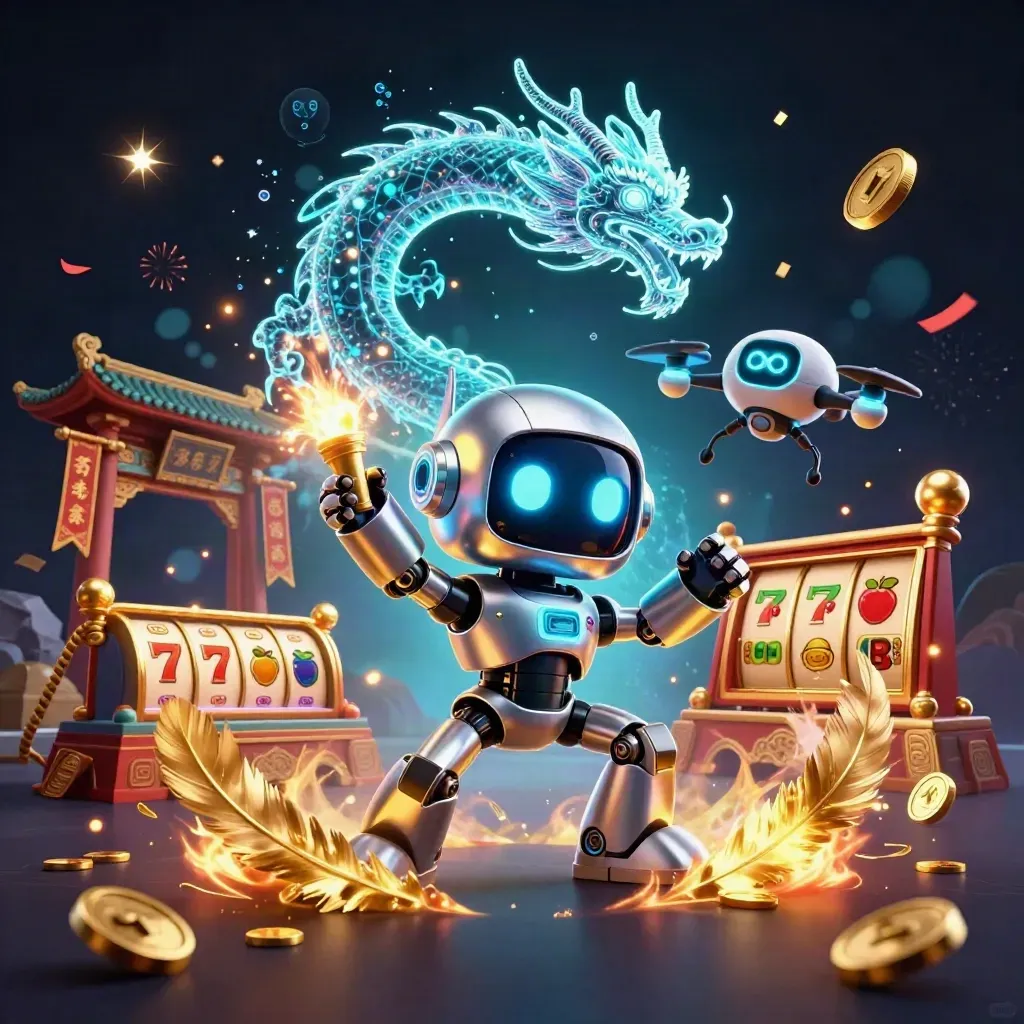 Cyberpunk robot, holographic dragon, and coin drone amid casino magic and gold sparks.