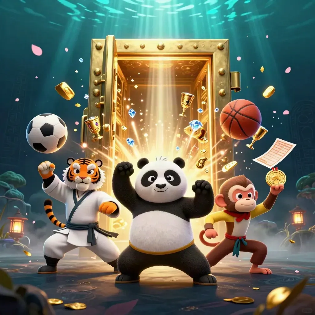 Kung-fu tiger, panda, and monkey amid a bursting gold vault, floating balls, and casino sparks.