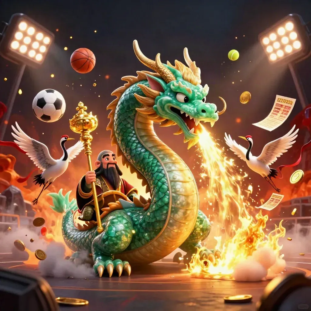 Jade dragon, turtle sage, and cranes amid flying balls, coins, fire, and stadium light
