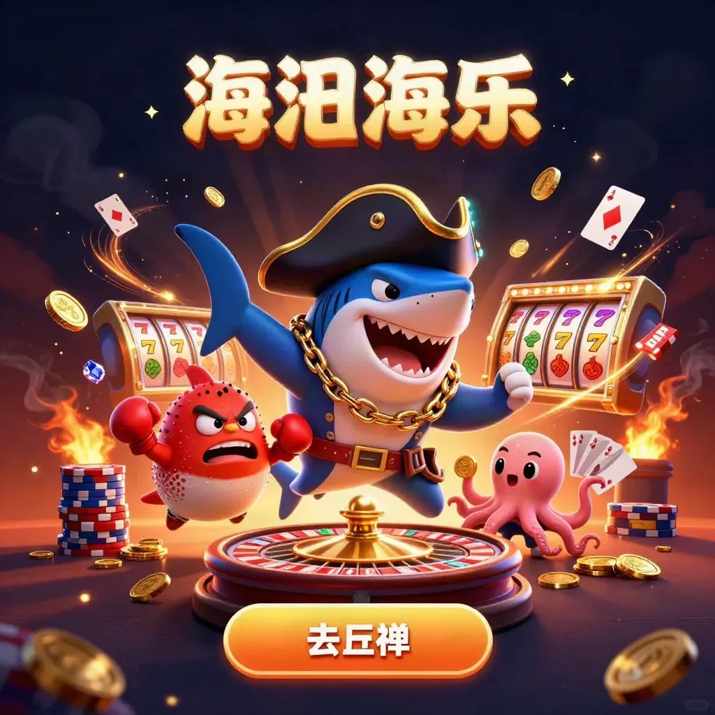 Pirate shark, pufferfish, and baby octopus amid casino coins, cards, chips, and glowing reels