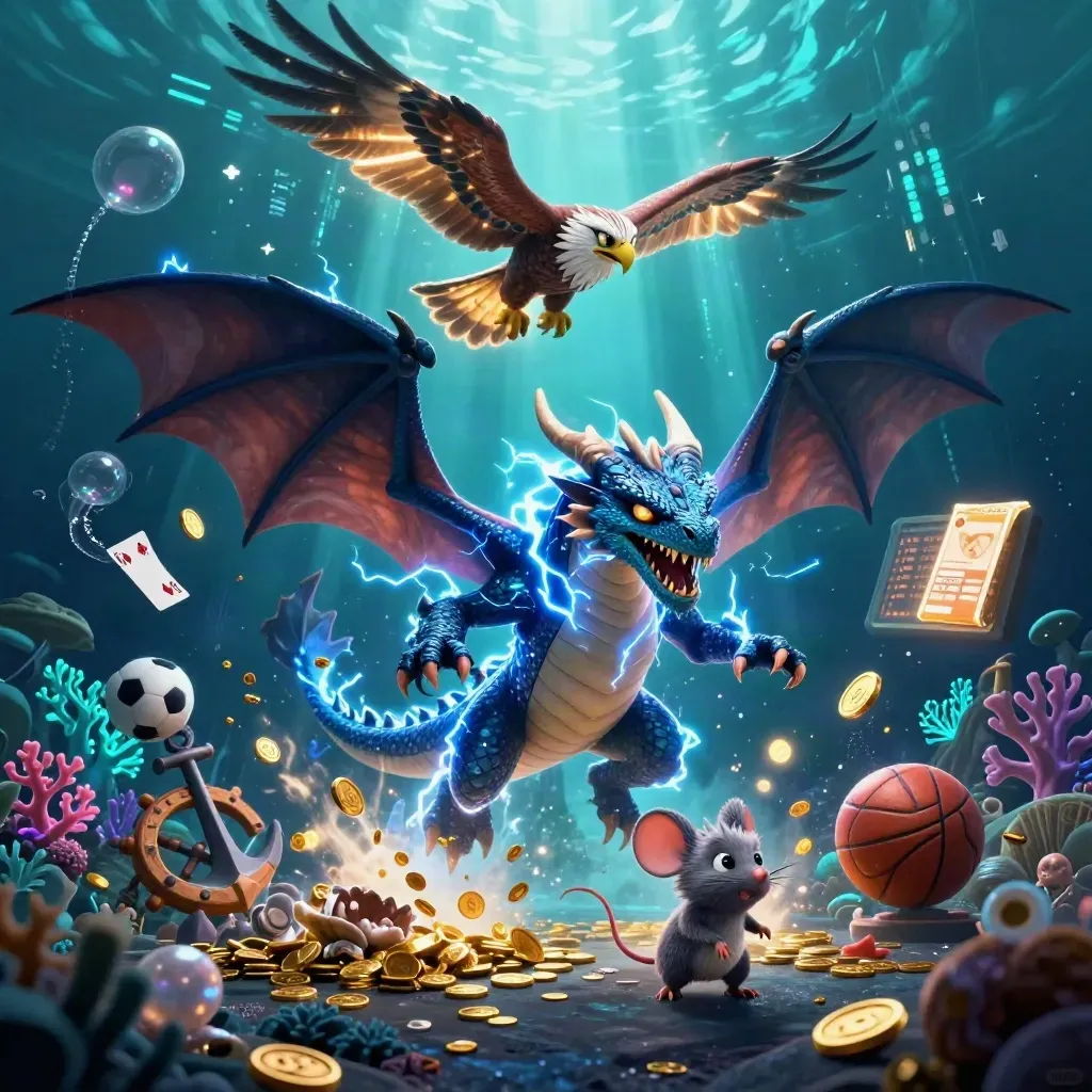 Thunder dragon, hawk, and mouse in an underwater treasure cove with coins, balls, and neon lightning.