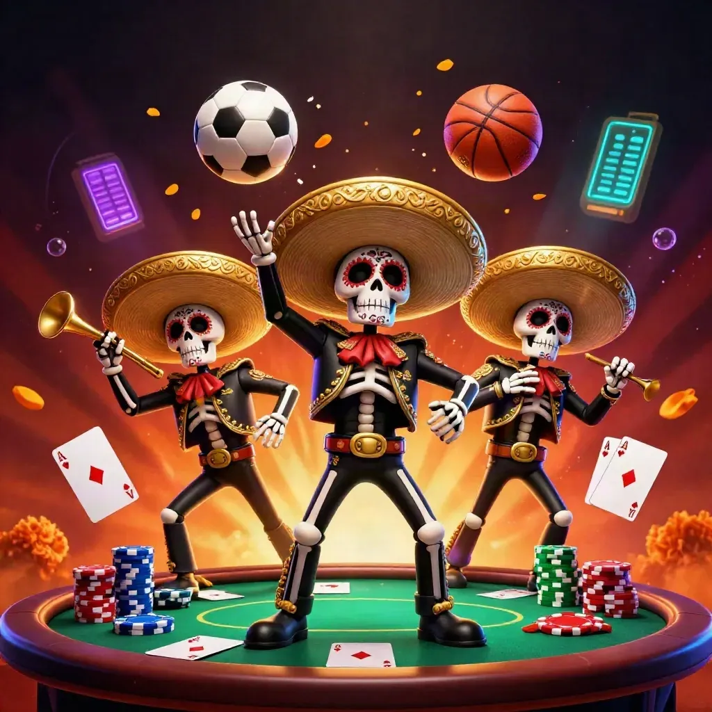 Skeleton mariachi trio, poker chips, floating ball, casino glow, dramatic neon key art.