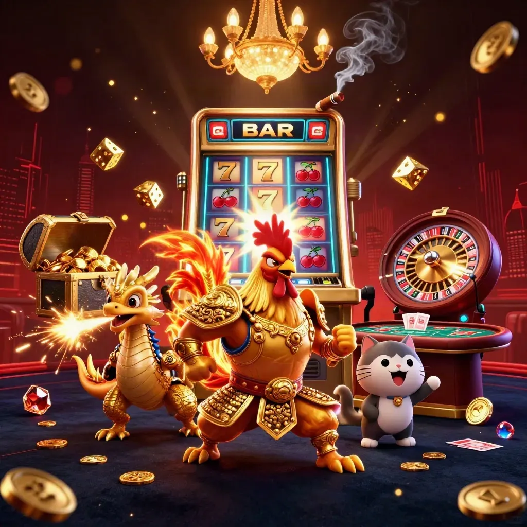 Rooster warrior, dragon hatchling, and fortune cat amid a jackpot casino explosion.